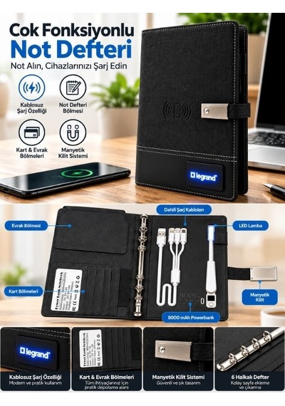 Legrand Işıklı Logo Powerbank Ajanda - 8000 Mah Kablosuz Şarjlı & Led Lambalı Notebook Siyah