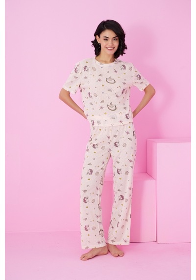 Siyah İnci Pointel Ajurlu/delikli Bisiklet Yaka Örme Pijama Takım Somon Unicorn