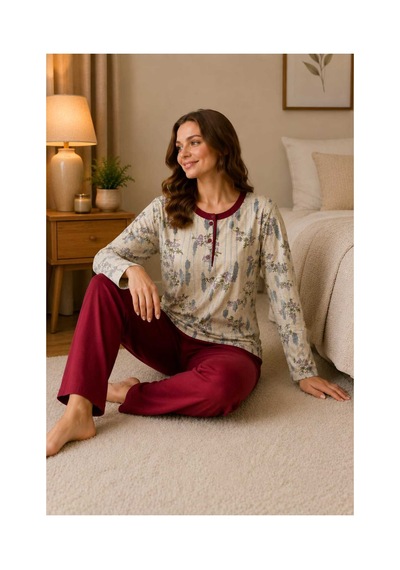 Tenra Rahat Kalıp Çiçek Desenli Kadın Pijama Takımı %100 Pamuk Kırmızı