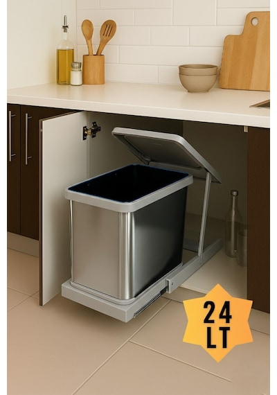 Cassone 24 Litre, Dolap İçi Raylı Gri, Paslanmaz Krom Çöp Kovası , Kapak Genişliği 40 Cm Açık Gri