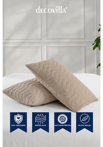 Micro Kapitone Yastık Alezi Sıvı Geçirmez 4 Lü Set Yastık Koruyucu 50x70 Bej