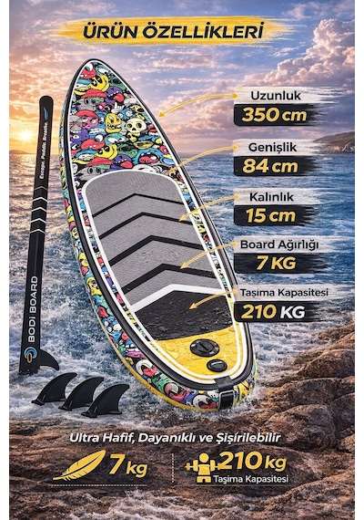 Paddle Board Sup Bodi Emoji Head Şişme Stand 350x84x15cm Full Set