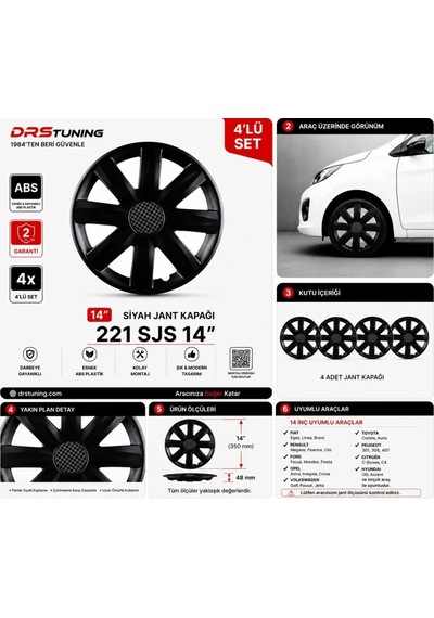 Alfa Romeo Uyumlu 14 Inc Kırılmaz Parlak Siyah Jant Kapağı 1 Takım 4 Adet No:221