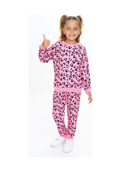 Lolliboomkids Yumuşak Dokulu 2 İplik Fuşya Pembe Ton Leopar Baskılı Alt Üst Eşofman Takımı Leopar