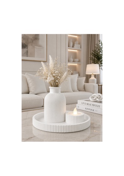 Dekoratif Vazo Mumluk Tealight Aydınlatmalı Ve Dekor Altlık Üçlü Set Beyaz