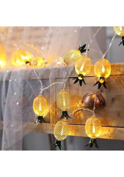 Metal Ananas Figürlü 10lu Led Işık Zinciri, Dekoratif Ev, Parti, Yılbaşı Ve Oda Süsleme Aydınlatma Sarı