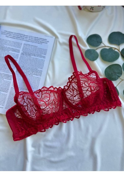 Noateks Kırmızı Yaprak Desenli Transparan Tül Ve Dantel Detaylı Bralet Takım Kırmızı