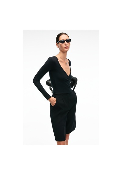 Grımelange CALLORIA Kadın V Yakalı Uzun Kollu Slim Fit Siyah Bluz