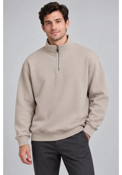 Butik İstanbul Erkek Üç İplik İçi Şardonlu Dik Yaka Yarım Fermuarlı Kışlık Sweatshirt - Bej