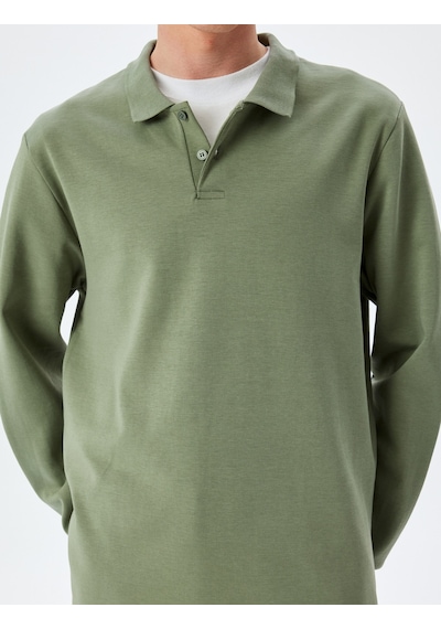 Koton Pamuklu İnterlok Kumaş Polo Yaka Sweatshirt Haki 5sam70003mk Haki