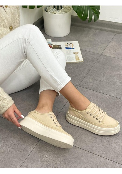 Erva'nın Butiği Ekru Keten Werner Bağcıklı Kadın Sneakers-5358