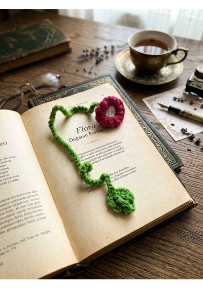 Örgü Kitap Ayracı Kırmızı Çiçek
