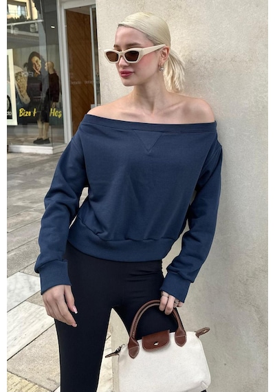 Madmext Lacivert Kayık Yaka Kadın Sweatshirt Mg2239 Lacivert