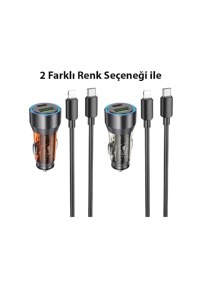 Hoco Nz12a Action Pd43w Usb + Type-c Araç Çakmaklık Hızlı Şarj Aleti + Type-c To İphone Lightning Ka- 5775