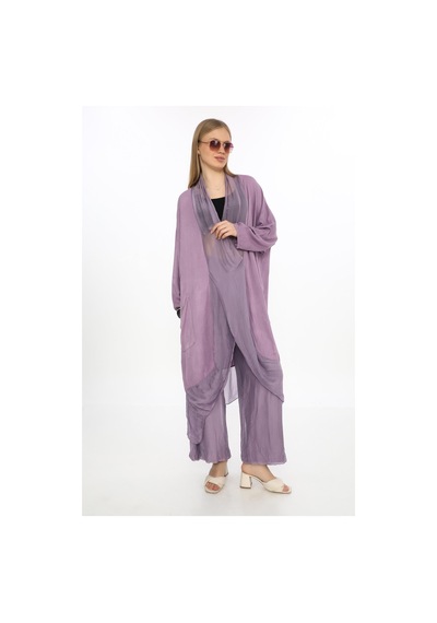 Bohem Stil İpek Detaylı Oversize Kap Bluz- Wes Pantolon Takım-8863 Leylak Lila