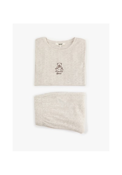 Koton Baskılı Kısa Kollu Bisiklet Yaka Rahat Kalıp Triko Pijama Takımı Bej Melanj 7wlk40116mk