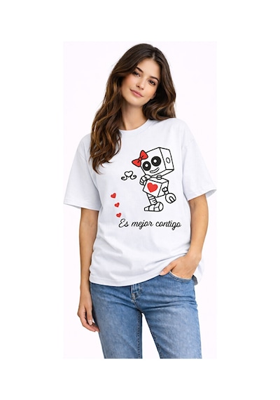 Sevgili Kombini Robot Baskılı Çift Tişört Oversize Unisex Partner Beyaz