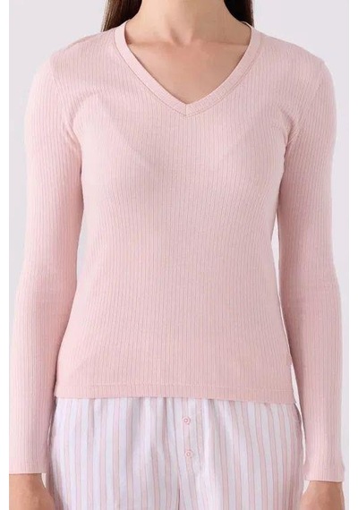 Arnetta Kadın V Yaka Örme Pembe Uzun Kol Pijama Takım Pembe