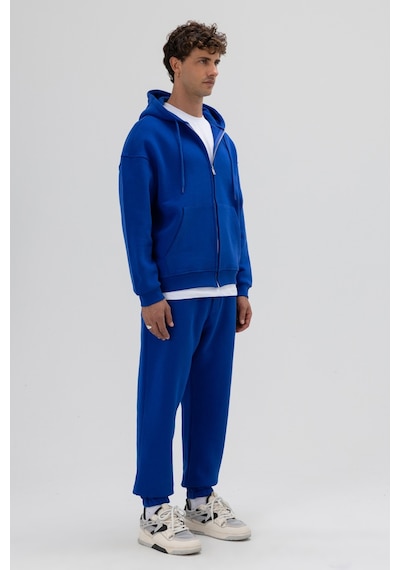 Vamos Basic Fermuarlı Oversize Kapüşonlu Sweatshirt Saks Mavi