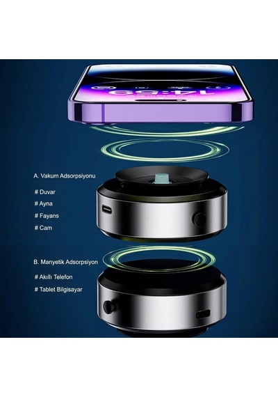 Cam Ayna Ekrana Yapışan Vantuzlu Magsafe Manyetik Şarjlı Telefon Tutucu Siyah Renkli