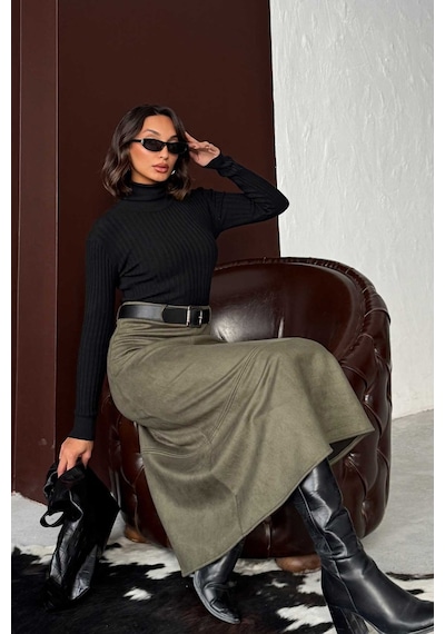 Verymoda Süet Uzun Etek F2004 Haki