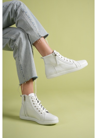 Analin Shoes Kadın Hakiki Deri Günlük Fermuarlı Spor Bot Beyaz