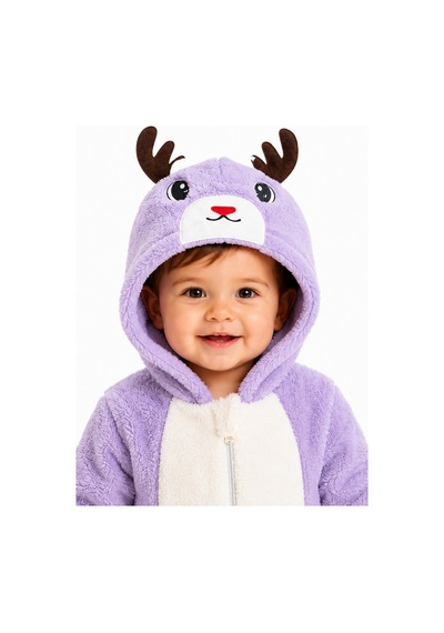 Tatlı Geyik Desenli Welsoft Bebek Tulumu Kapüşonlu Peluş Fermuarlı Kışlık Unisex Bebek Tulumu Mor