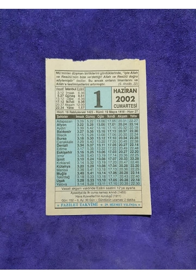 1 Haziran 2002 Takvim Yaprağı - Nostalji Koleksiyonluk Takvim Yaprağı