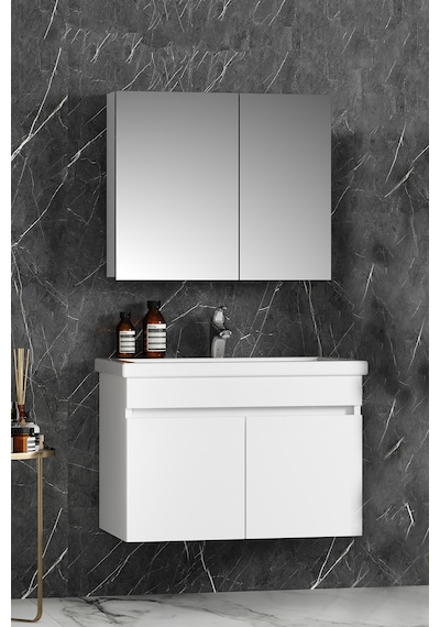 Çiğdem 80 Cm Beyaz Mdf Seramik Lavabolu Asma Banyo Dolabı Takımı Beyaz