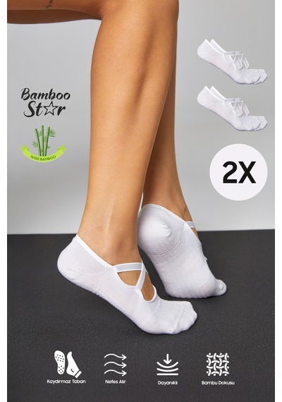 Bamboo Star Bambu Kadın Beyaz Kaydırmaz Taban Silikon Baskı Pilates Yoga Fitness Dans Aktivite Babet Çorabı 2'li