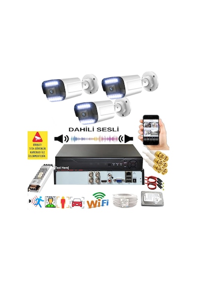 3 Lü Sesli Araç İnsan Yüz Tanımalı Hareket Algılayan 5 Mp Lens 9 Warm Led Gece Renkli Kamera Seti 5909ws
