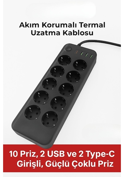 Hobibahçem Akım Korumalı Termal Uzatma Kablosu - 10 Priz, 2 Usb Ve 2 Type-c Girişli 3 m