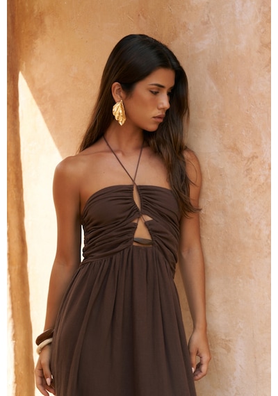 Mai Collection Mai Studios Co. Burnika Boncuk Detay Kahve Keten Elbise Kahve