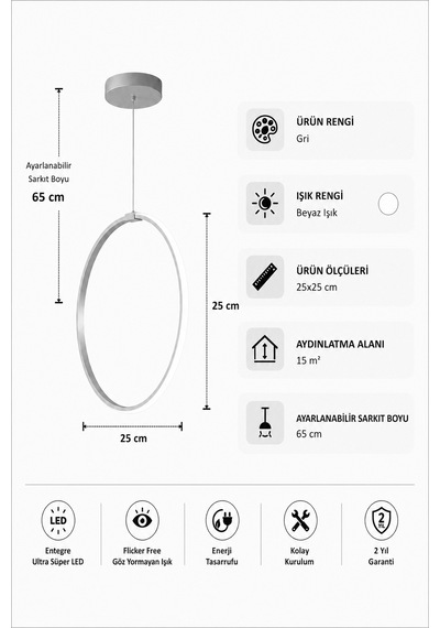 Raven Led Sarkıt Avize Beyaz Işık Gri