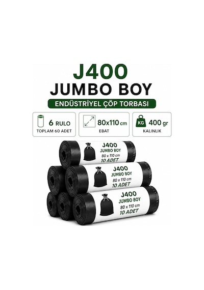 Jumbo Boy Endüstriyel Çöp Poşeti Torbası 80 x 110 CM 6 Rulo 60 Adet 400 G Ağır Hizmet Tipi Kalın Torba
