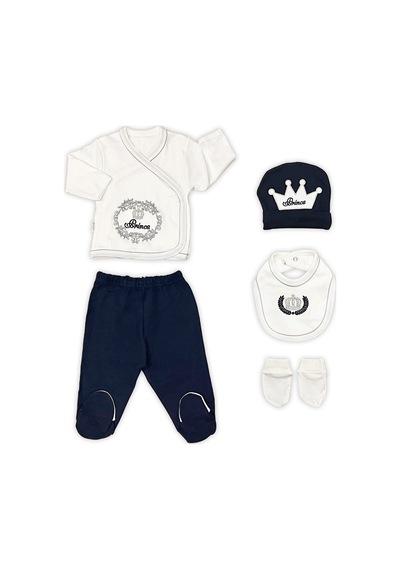 Sema Baby Prens Lüks 5 Parça Hastane Çıkışı Zıbın Seti - Lacivert Çok Renkli