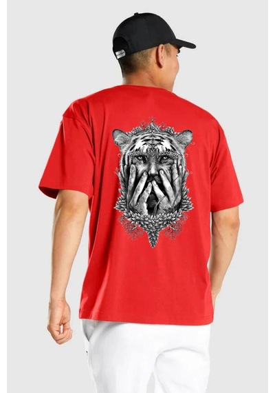 Yarım İnsan Yarım Leopar Mutant Leopar Kral Kırmızı Oversize Unisex Ön Ve Sırt Baskılı Tişört Kırmızı