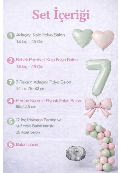 Adaçayı Yeşili & Pembe 7 Yaş Doğum Günü Balon Süsleme Seti Pembe - Yeşil