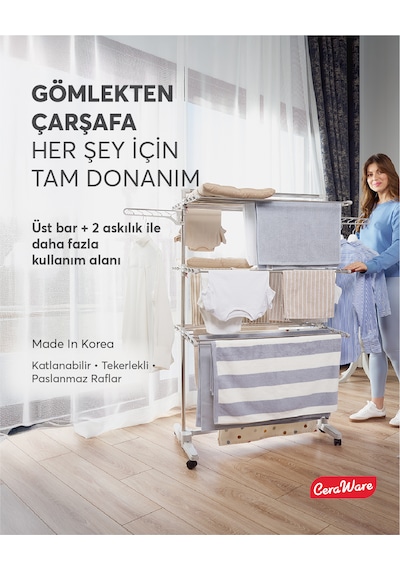 Home S3 Premium 3 Katlı Çamaşırlık Made in Korea Tam Katlanır Tekerlekli Çamaşır Kurutmalık