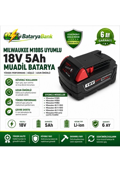Bataryabank Milwaukee M18b5 Uyumlu 18v 5ah 5000mah Li-ion Muadil Matkap Bataryası