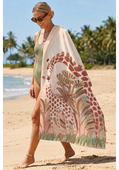 Zürafa Figürlü Safari Çocuk Plaj Havlusu - Bohem Pastel Havuz Deniz Hızlı Kuruyan Mikrofiber Havlu Sakin Rüyası
