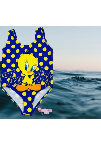 Lolliboomkids Kız Çocuk Puantiye Tweety Baskılı Lacivert Sarı Askılı Mayo Sarı - Mavi