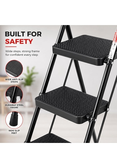 4 Basamak Siyah Katlanabilir Metal Merdiven, Geniş Kaymaz Basamaklı Ev Tipi Portatif Basamaklı Merdiven, Dayanıklı Metal Gövdeli İnce Tasarım Dar Alan Saklamalı Ev İçi Çok Amaçlı Merdiven