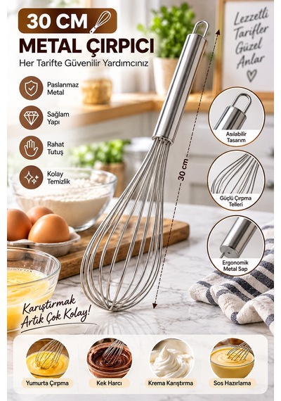 30 Cm Metal Çırpıcı Paslanmaz Çelik El Çırpıcısı Yumurta Kek Krema Sos Karıştırıcı Mutfak Gereci Tel Gümüş