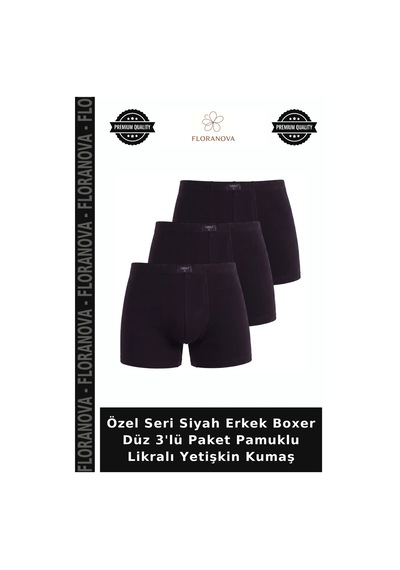 Floranova Özel Seri Siyah Erkek Boxer Düz 3'lü Paket Pamuklu Likralı Yetişkin Kumaş