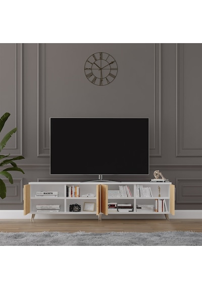 Asra Trend Tv Ünitesi T-02 %100 MDF 160 cm Tv Sehpası 4 Kapaklı Raflı Beyaz-Safir Meşe
