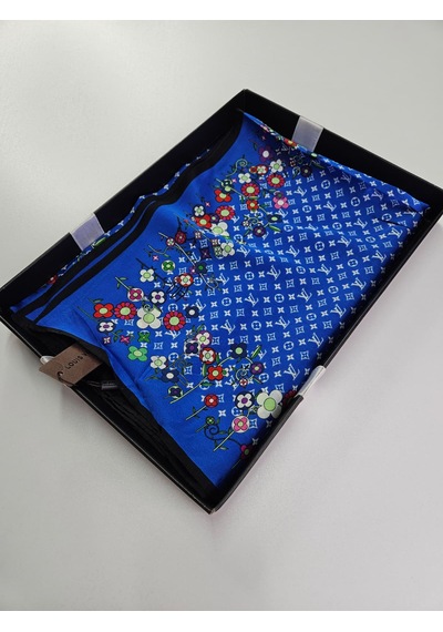 Miorel Scarfs Lv Desen Çiçekli İthal Vual İpek Şal Aksesuar Fular Silk Scarfs Shawl Hijab Mavi