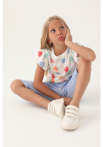 Rolypoly Strawberry Krem Kız Çocuk Kapri Takım 5274-42950 Krem - Mavi