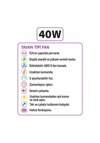 Coverzone 40w Tavan Tipi Fan Uzaktan Kumandalı Led Aydınlatmalı 52 Cm Pervane 3 Kademeli Hız Ayarlı Beyaz Doğal S Diğer