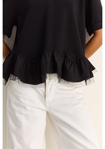 Shade Kadın Tül Detaylı Volanlı Oversize Basic T-shirt 8789 60286165 - Siyah